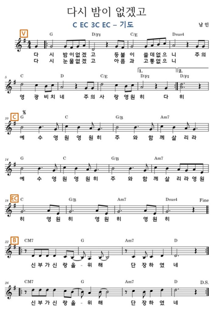 다시 밤이 없겠고(후렴) G